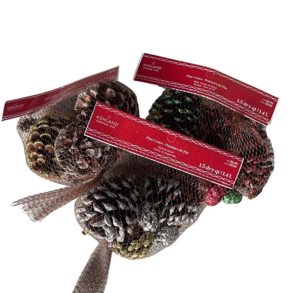 Ashland Christmas Pine Cones Red Green Gold‎ & Silver Glitter Mesh Bags